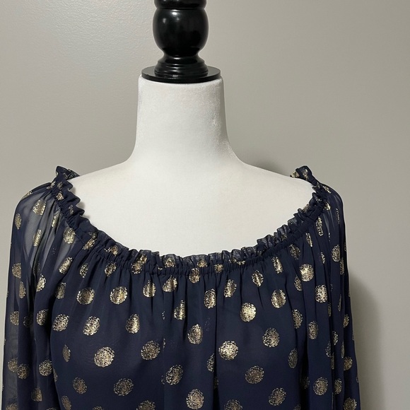 Joseph Ribkoff Midnight Blue Gold Dot Ruffle Collar Long Sleeve Top Style 181608 - Picture 5 of 10